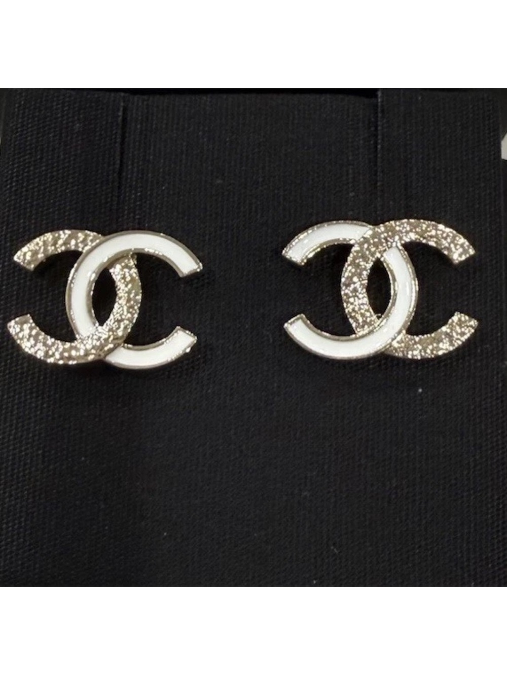 CHANEL CC Hammered Gold And White Enamel Earrings NIB!